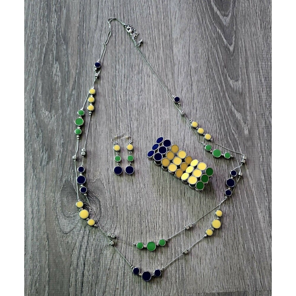 NY & Company Blue Green Yellow Enamel Layered Necklace Bracelet Earrings Set